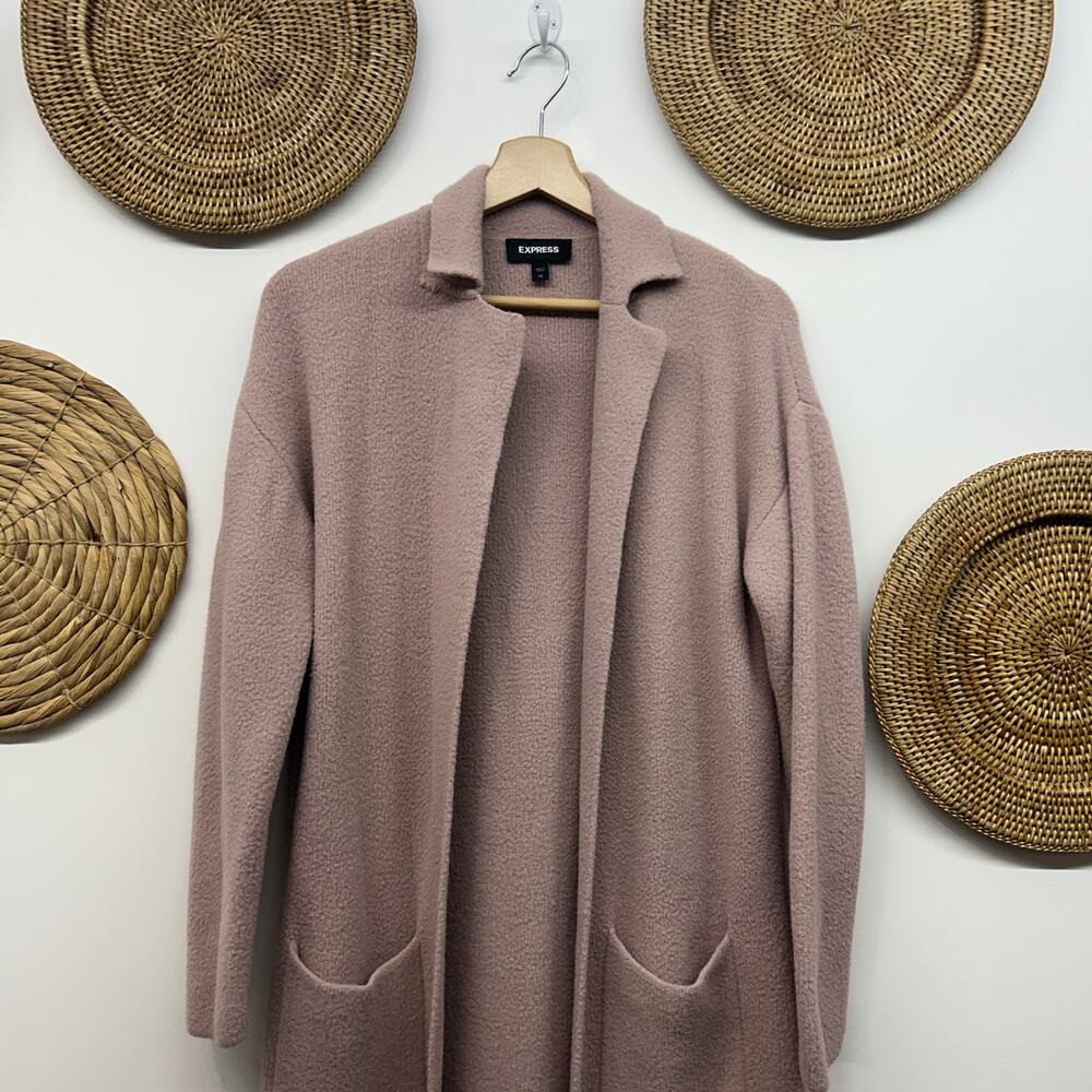 Express Pink Duster Cardigan Sweater XS Cozy Soft Knit Long Length Collared - Picture 4 of 7